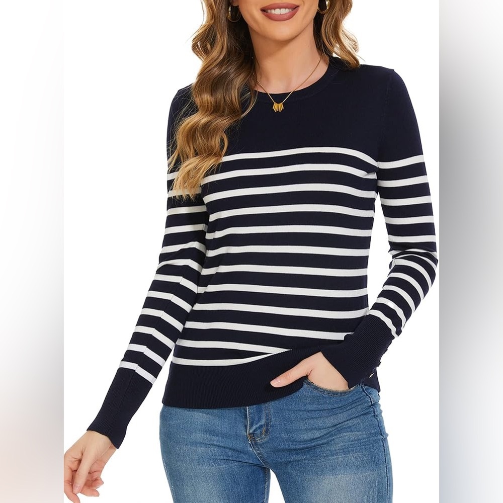 Banana Republic Women's Navy and White Striped Sweater Knit Cotton Blend